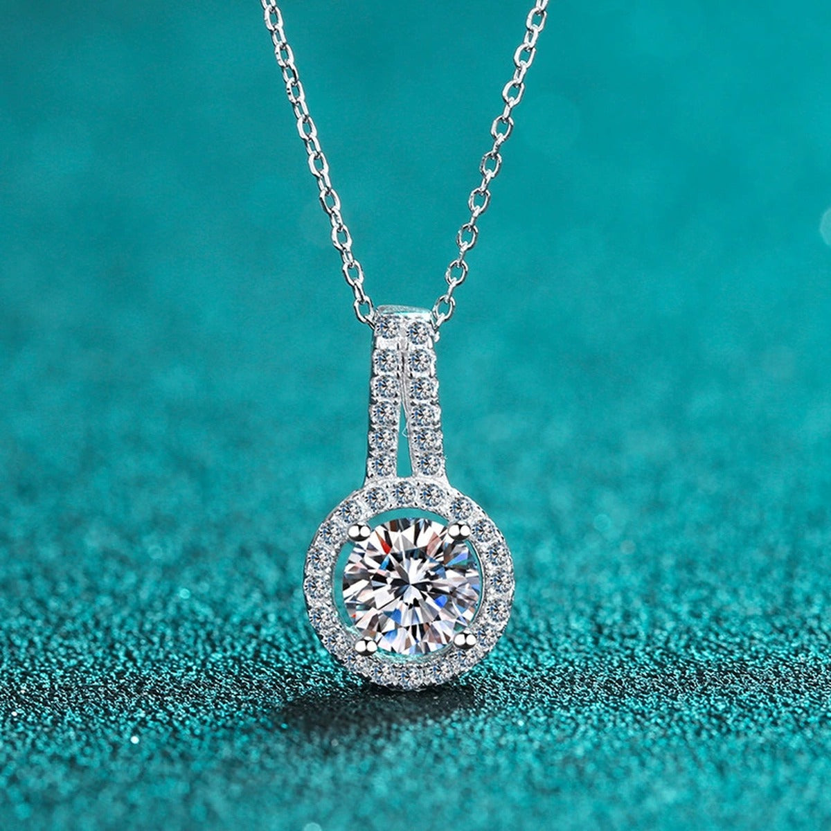 Halo Solitaire Moissanite Pendant Necklace with CZ in Rhodium-Plated S925 sterling silver product scene view showing angled sparkle