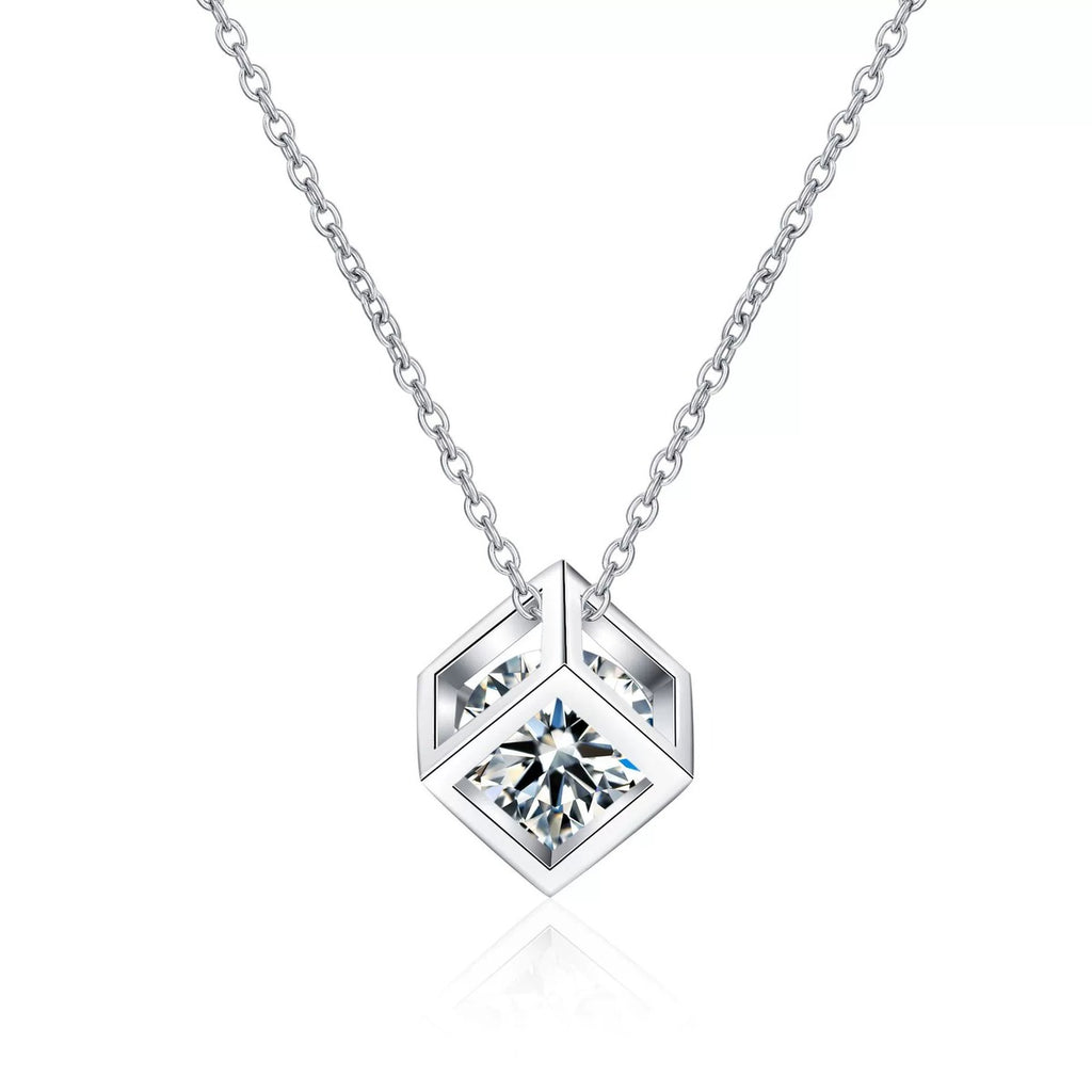 Magic Cube Moissanite Pendant Necklace in Rhodium-Plated S925 sterling silver on white background showing pendant shape and round moissanite