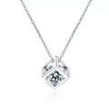 Magic Cube Moissanite Pendant Necklace in Rhodium-Plated S925 sterling silver on white background showing pendant shape and round moissanite