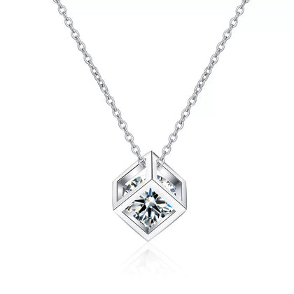 Magic Cube Moissanite Pendant Necklace in Rhodium-Plated S925 sterling silver on white background showing pendant shape and round moissanite