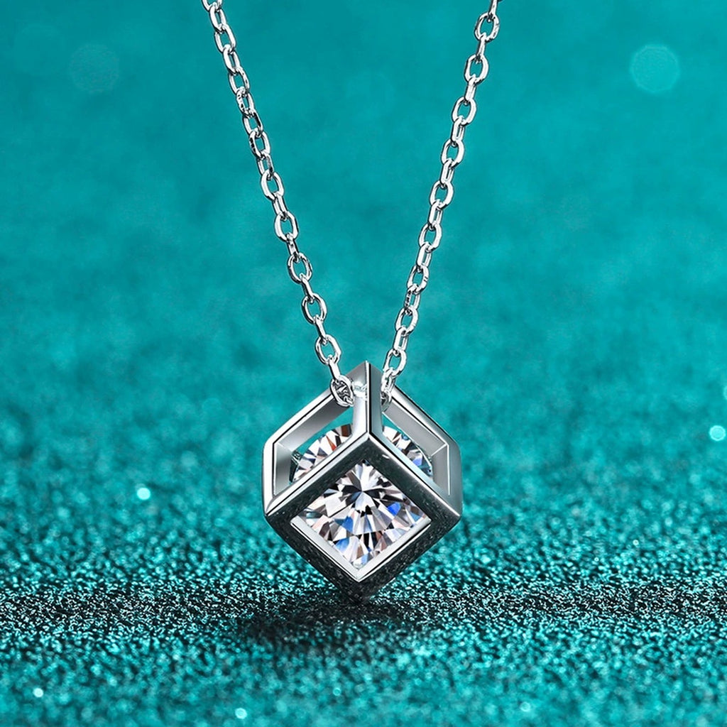 Magic Cube Moissanite Pendant Necklace in Rhodium-Plated S925 sterling silver product scene view showing pendant detail