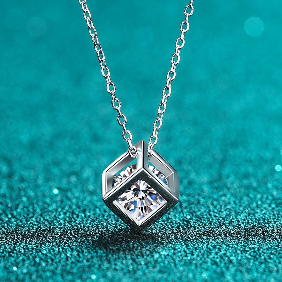 Magic Cube Moissanite Pendant Necklace in Rhodium-Plated S925 sterling silver product scene view showing pendant detail