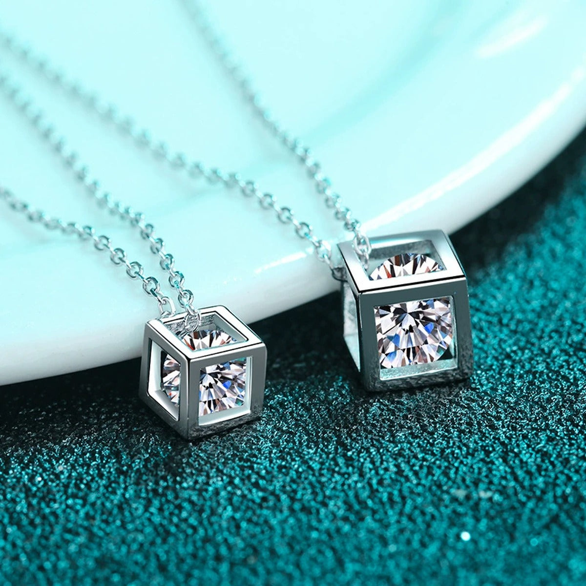 Magic Cube Moissanite Pendant Necklace in Rhodium-Plated S925 sterling silver product scene view showing chain and setting detail