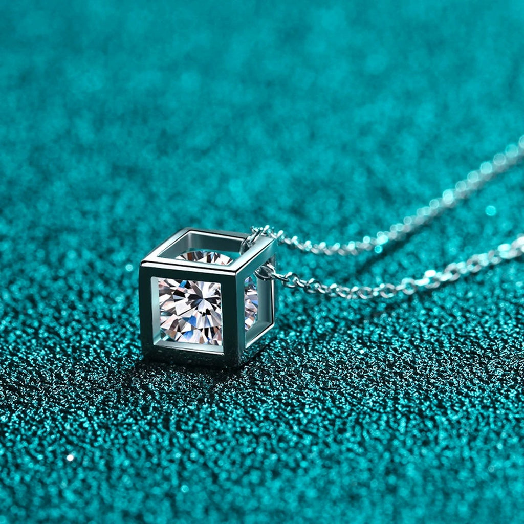 Magic Cube Moissanite Pendant Necklace in Rhodium-Plated S925 sterling silver product scene view showing angled sparkle