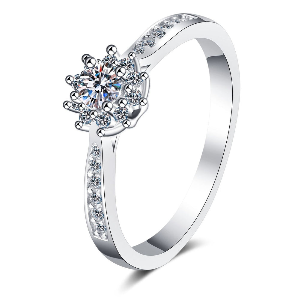 Round Floral Cluster Moissanite Ring with CZ in rhodium-plated S925 sterling silver on clean white background