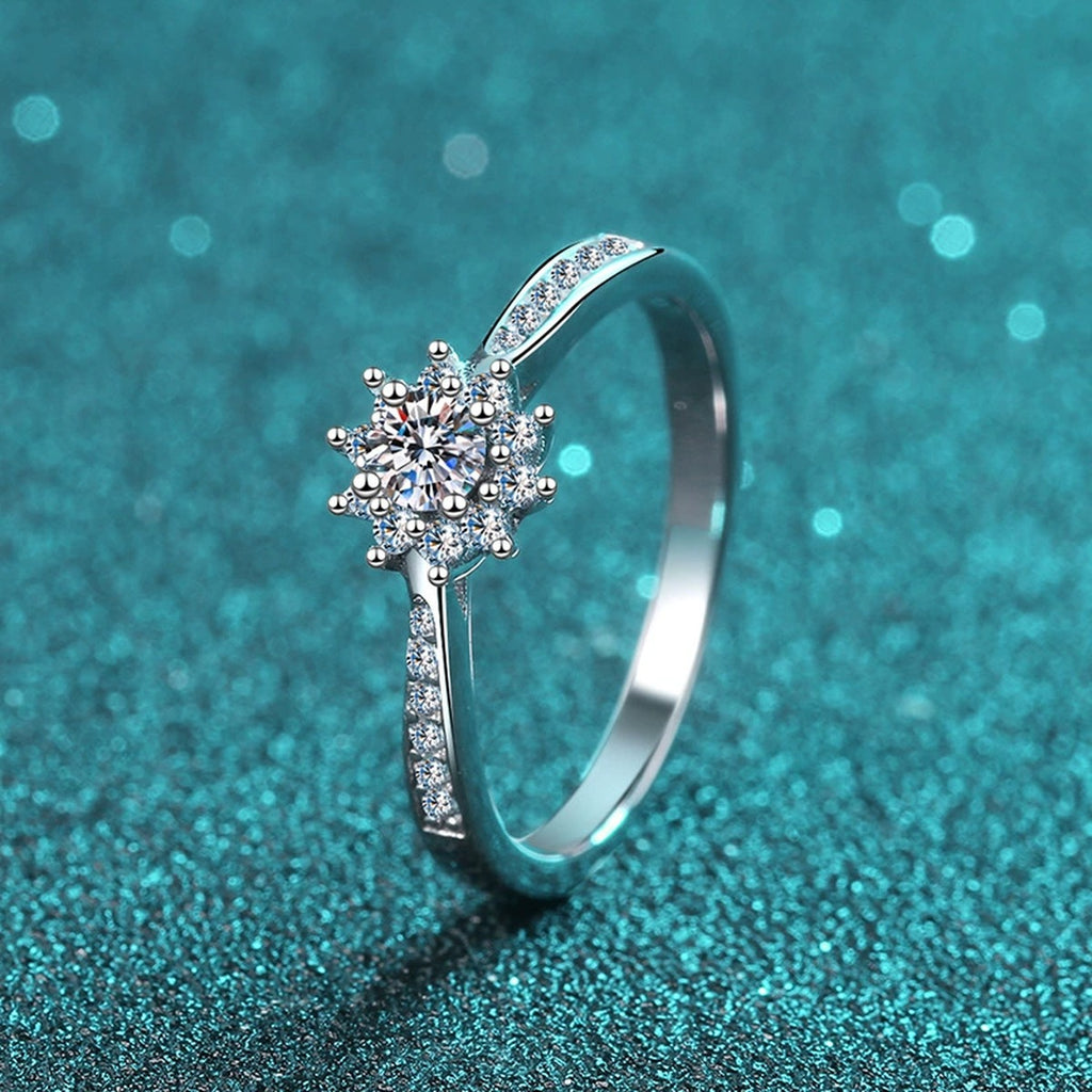 Round Floral Cluster Moissanite Ring with CZ product view showing moissanite setting and metal finish