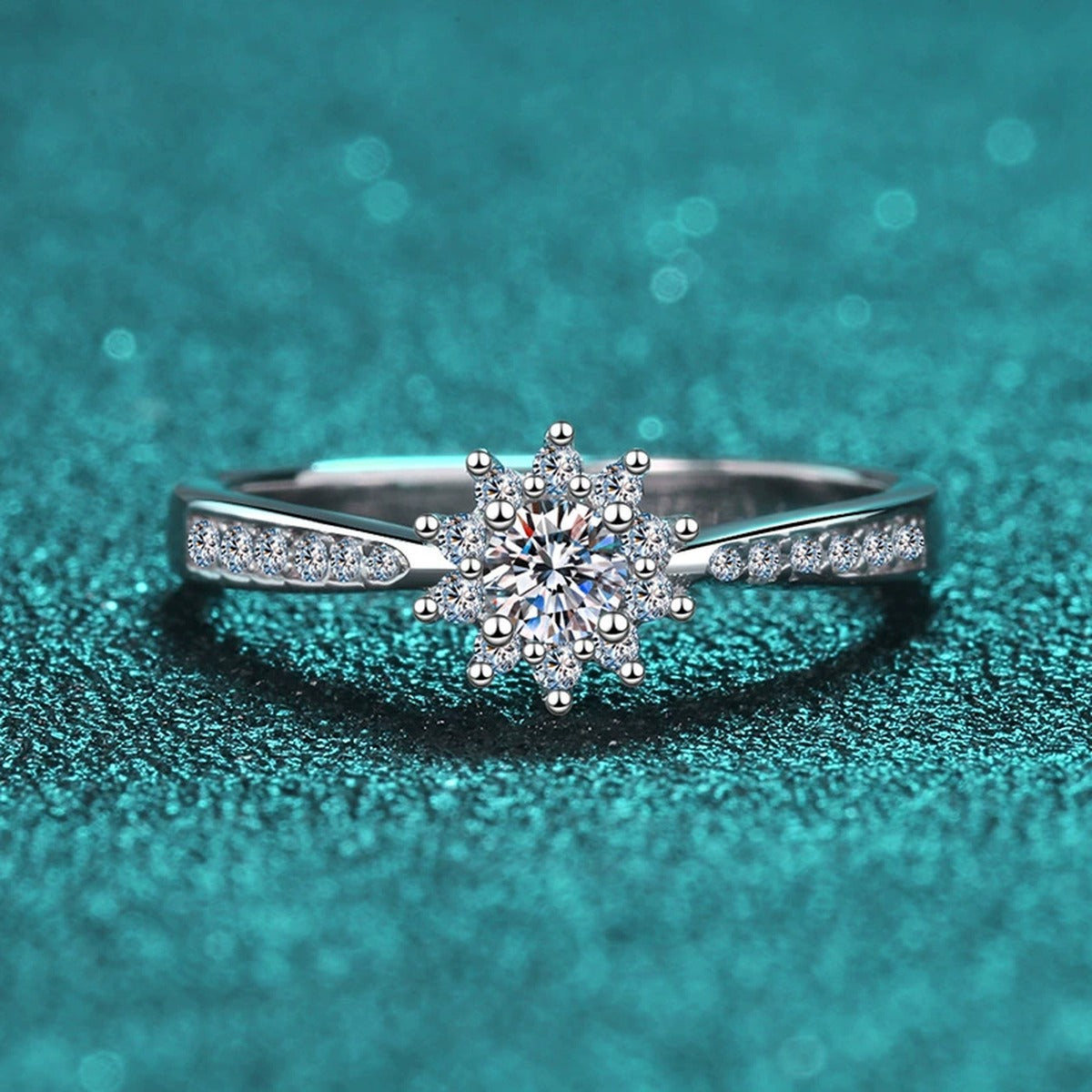 Round Floral Cluster Moissanite Ring with CZ product view showing moissanite setting and metal finish
