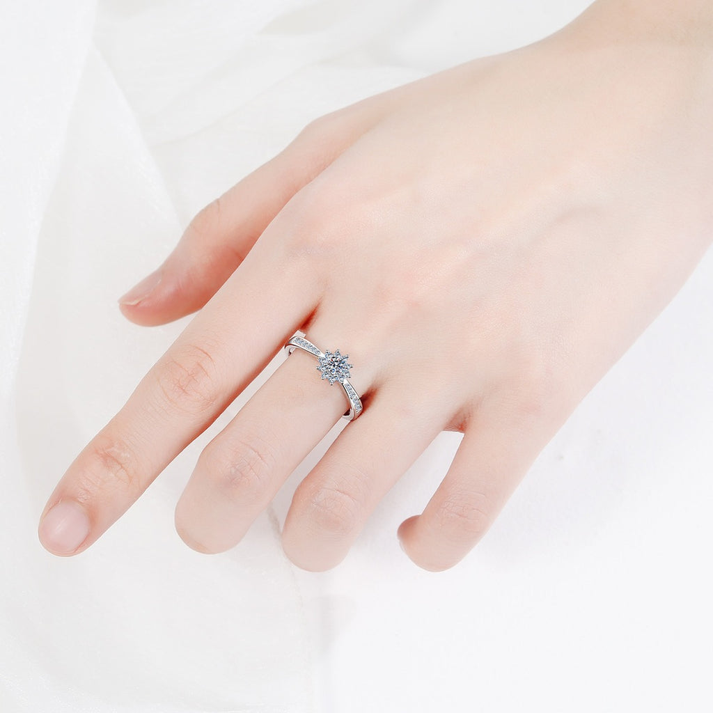 Round Floral Cluster Moissanite Ring with CZ product view showing moissanite setting and metal finish
