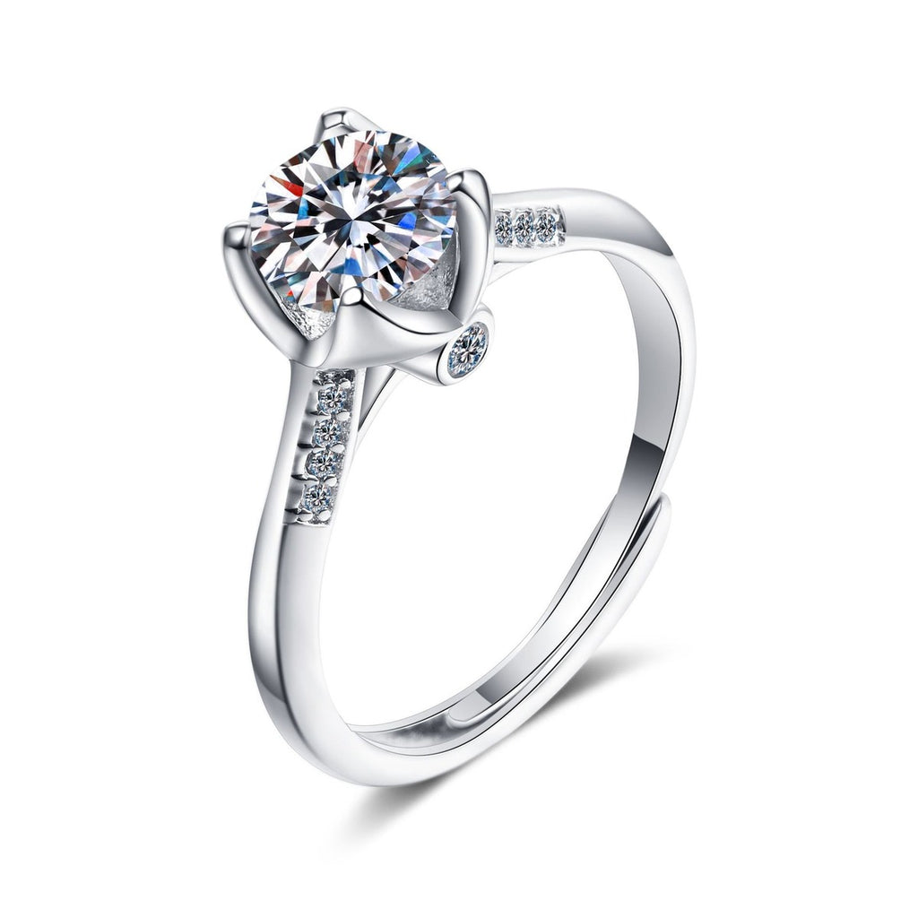 Round Moissanite Adjustable Ring with CZ in rhodium-plated S925 sterling silver on clean white background