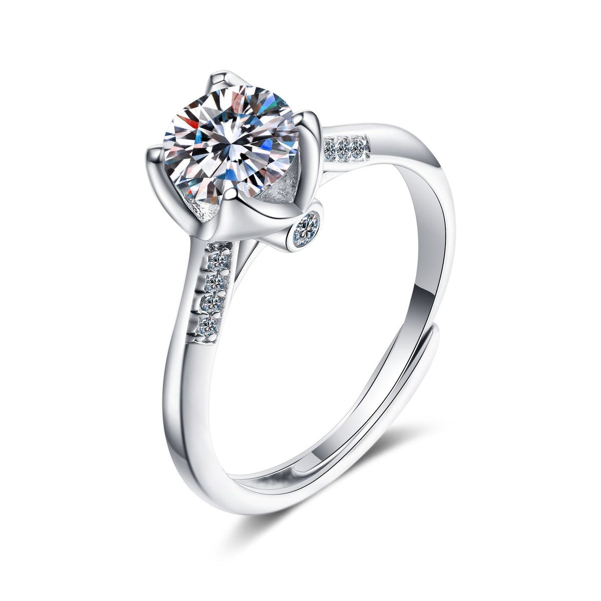 Round Moissanite Adjustable Ring with CZ in rhodium-plated S925 sterling silver on clean white background
