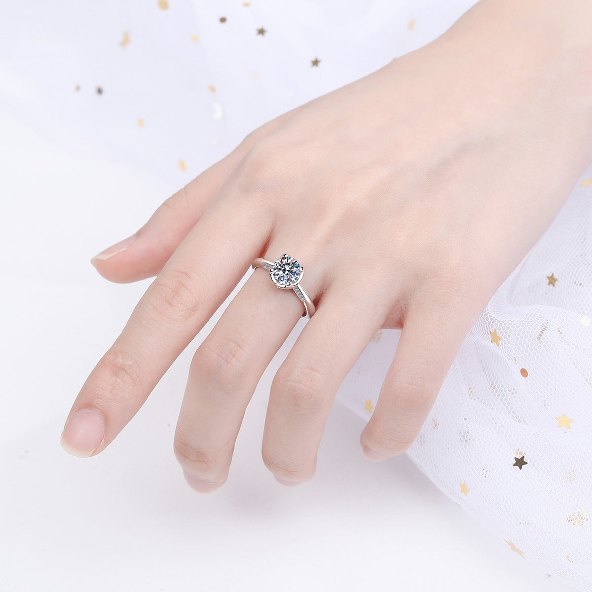 Round Moissanite Adjustable Ring with CZ worn on hand to show scale, band width, and ring profile