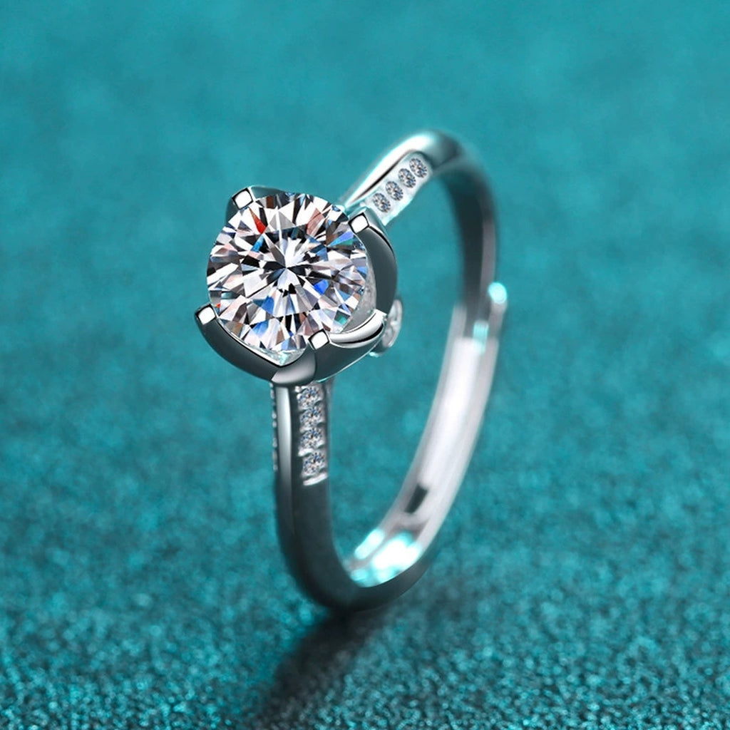 Round Moissanite Adjustable Ring with CZ product view showing moissanite setting and metal finish