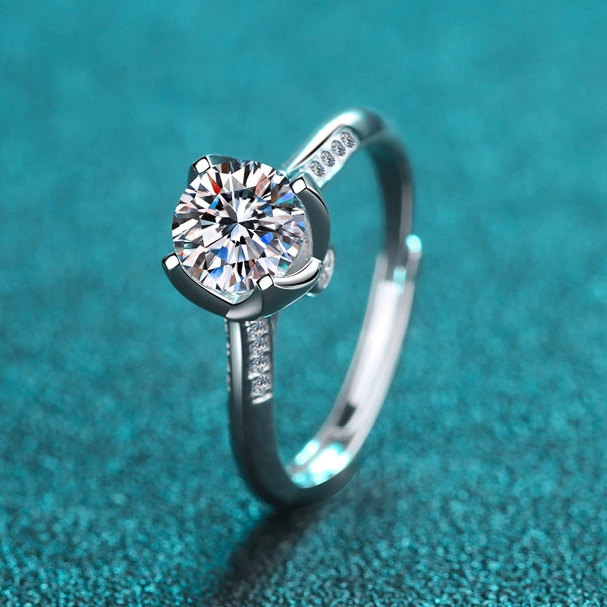 Round Moissanite Adjustable Ring with CZ product view showing moissanite setting and metal finish