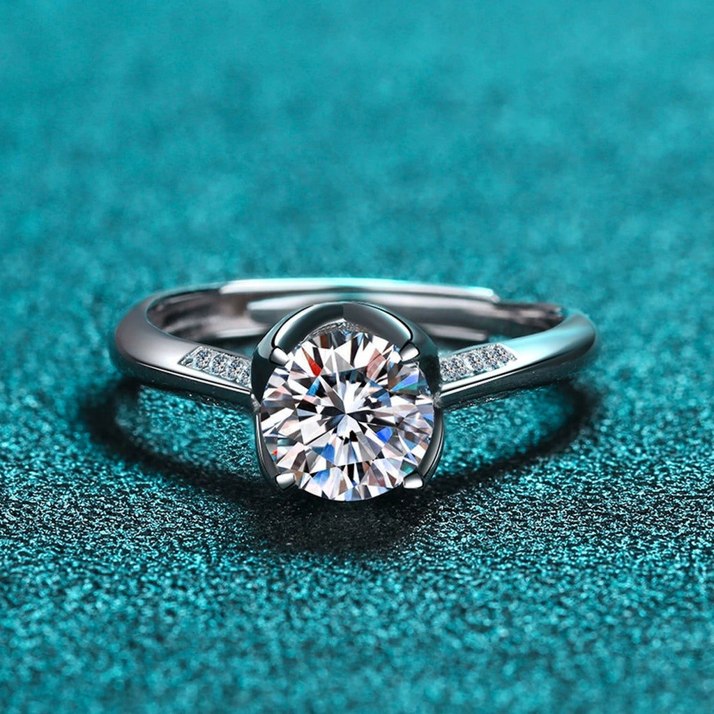Round Moissanite Adjustable Ring with CZ product view showing moissanite setting and metal finish