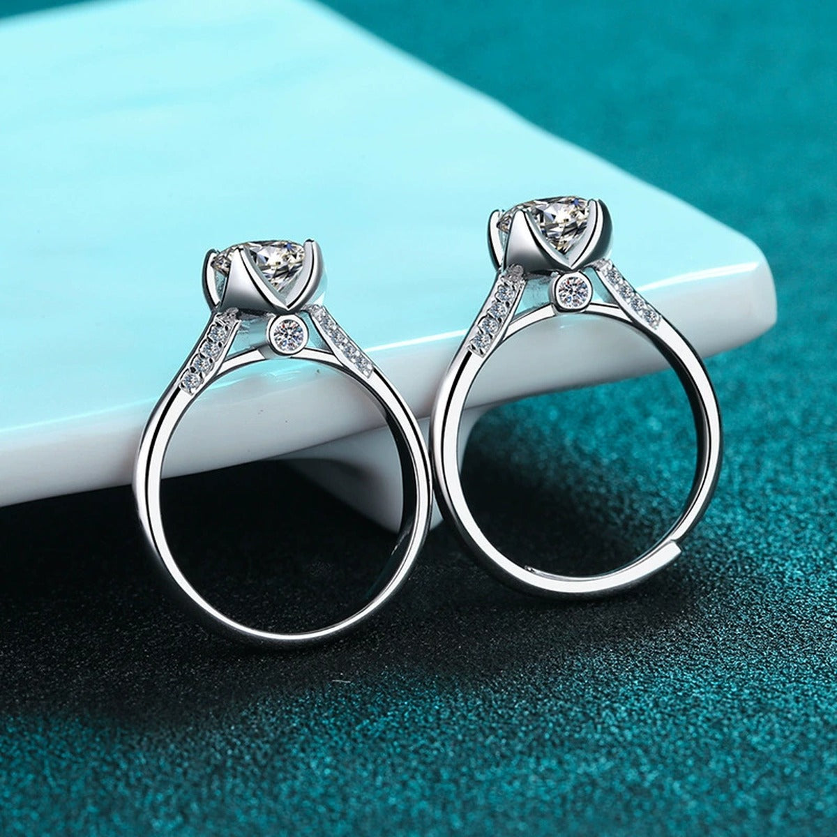 Round Moissanite Adjustable Ring with CZ product view showing moissanite setting and metal finish
