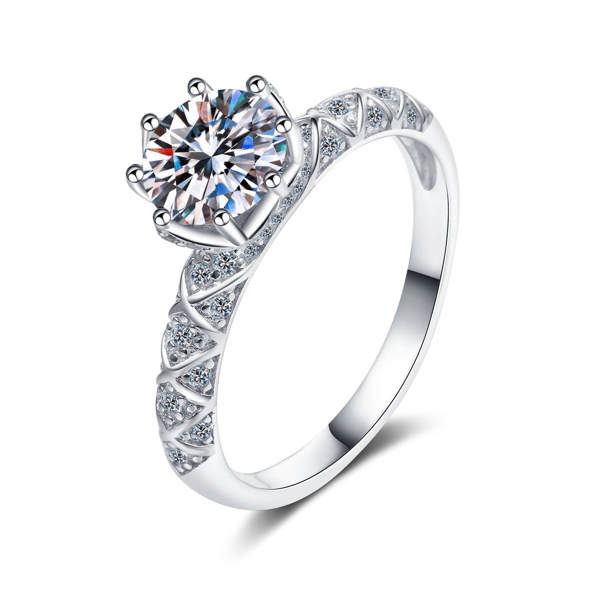 Round Moissanite Side Stone Engagement Ring with CZ in rhodium-plated S925 sterling silver on clean white background