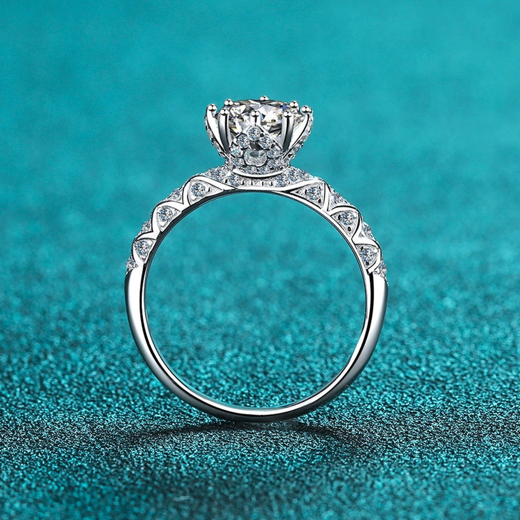 Round Moissanite Side Stone Engagement Ring with CZ product view showing moissanite setting and metal finish