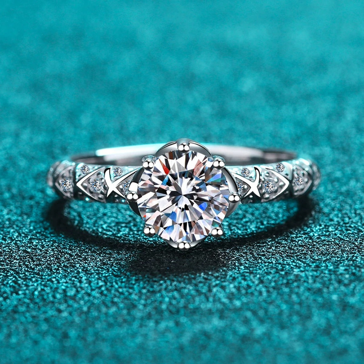 Round Moissanite Side Stone Engagement Ring with CZ product view showing moissanite setting and metal finish
