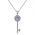Floral Key Moissanite Pendant Necklace with CZ in Rhodium-Plated S925 sterling silver on white background showing pendant shape and round moissanite