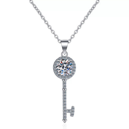Floral Key Moissanite Pendant Necklace with CZ in Rhodium-Plated S925 sterling silver on white background showing pendant shape and round moissanite