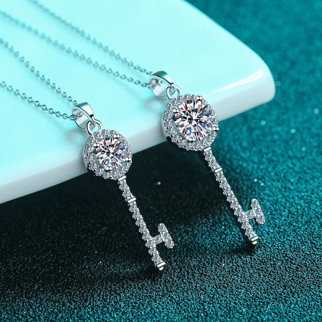 Floral Key Moissanite Pendant Necklace with CZ in Rhodium-Plated S925 sterling silver product scene view showing pendant detail