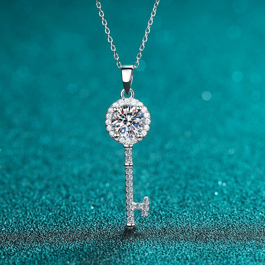 Floral Key Moissanite Pendant Necklace with CZ in Rhodium-Plated S925 sterling silver product scene view showing chain and setting detail