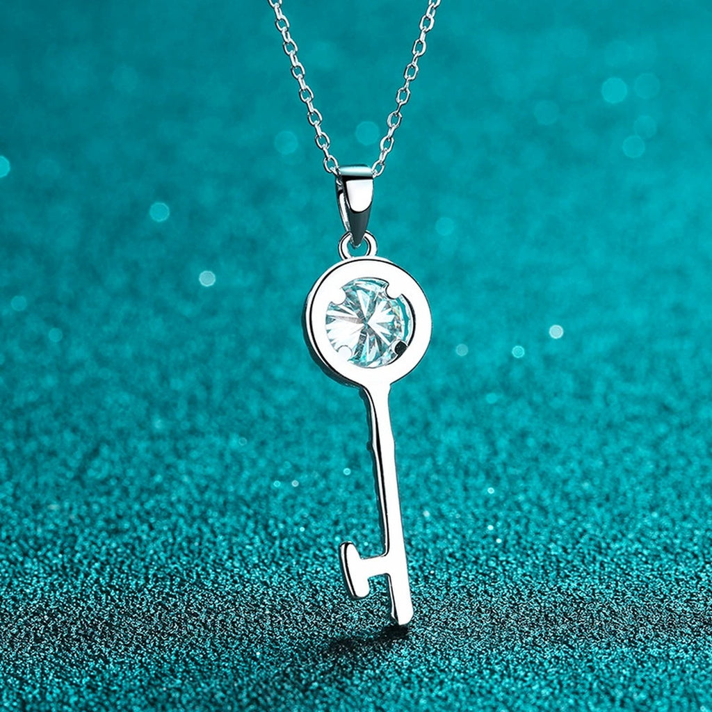 Floral Key Moissanite Pendant Necklace with CZ in Rhodium-Plated S925 sterling silver product scene view showing angled sparkle
