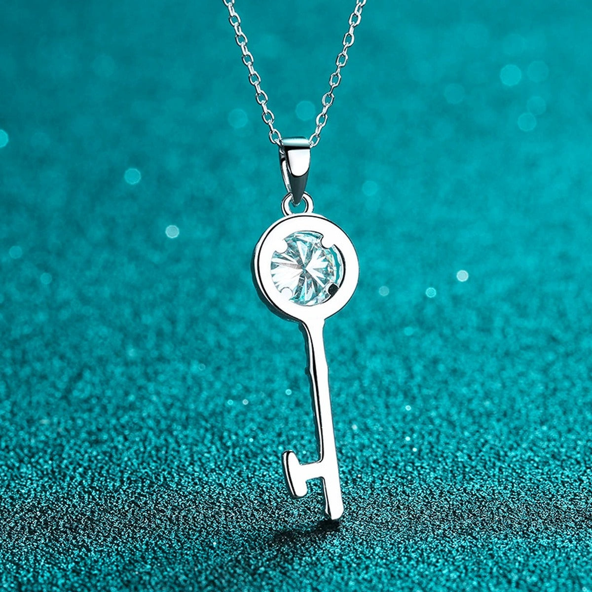 Floral Key Moissanite Pendant Necklace with CZ in Rhodium-Plated S925 sterling silver product scene view showing angled sparkle