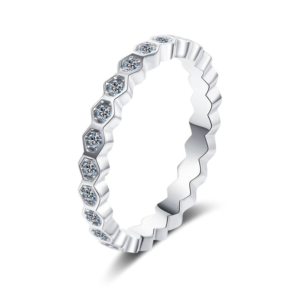 Round Moissanite Pave Stackable Band Ring in rhodium-plated S925 sterling silver on clean white background