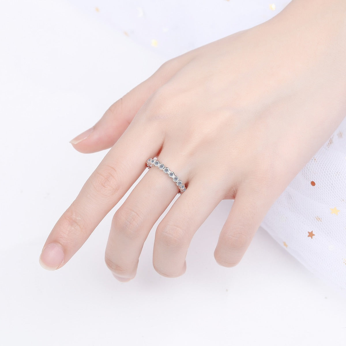 Round Moissanite Pave Stackable Band Ring worn on hand to show scale, band width, and ring profile