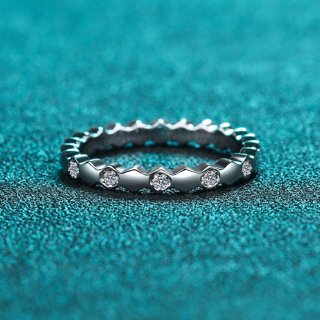 Round Moissanite Pave Stackable Band Ring product view showing moissanite setting and metal finish