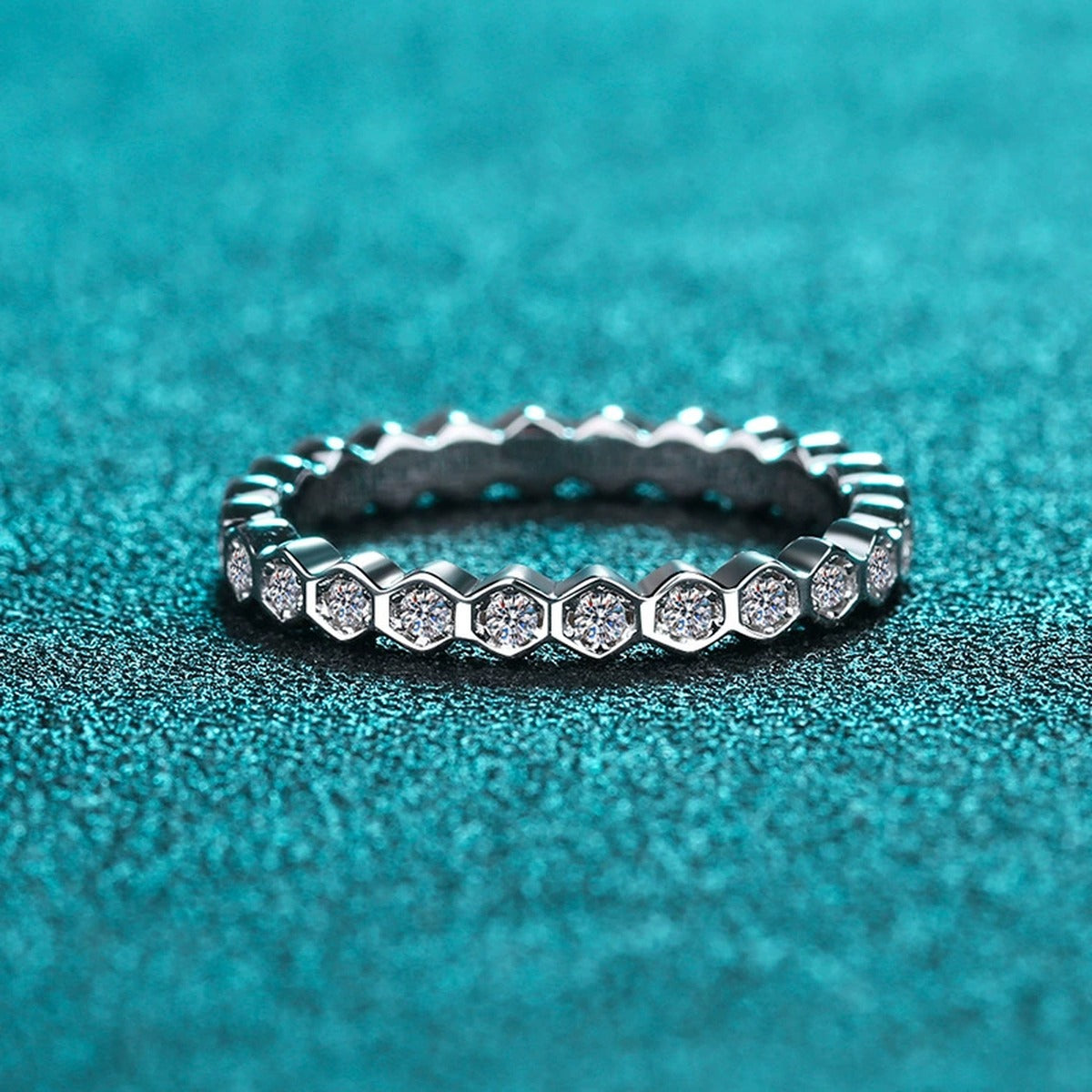 Round Moissanite Pave Stackable Band Ring product view showing moissanite setting and metal finish