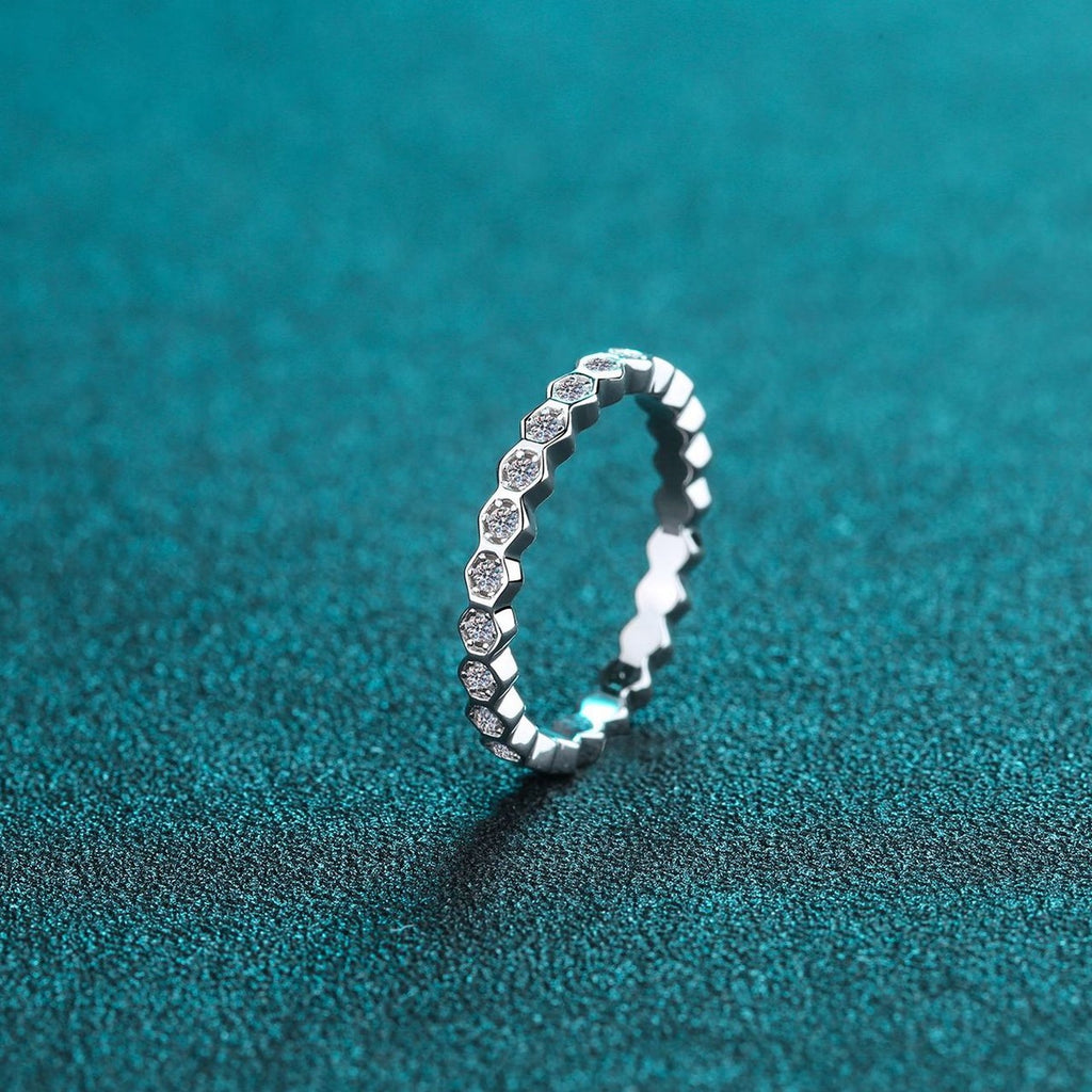 Round Moissanite Pave Stackable Band Ring product view showing moissanite setting and metal finish