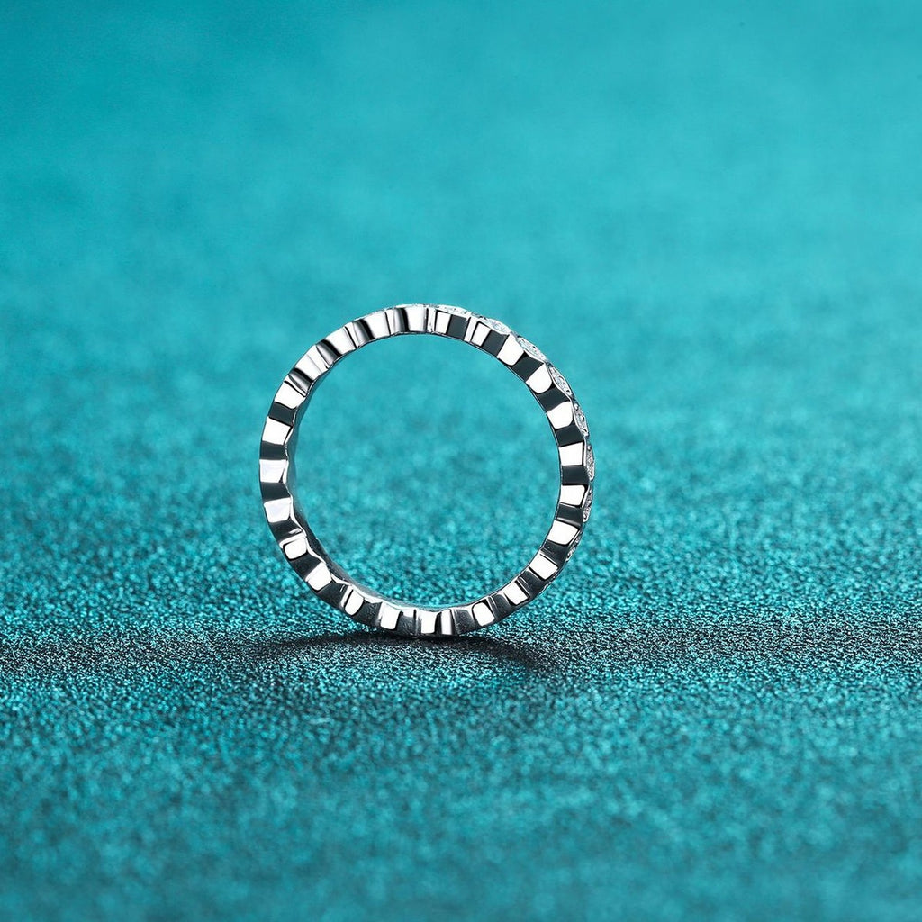 Round Moissanite Pave Stackable Band Ring product view showing moissanite setting and metal finish