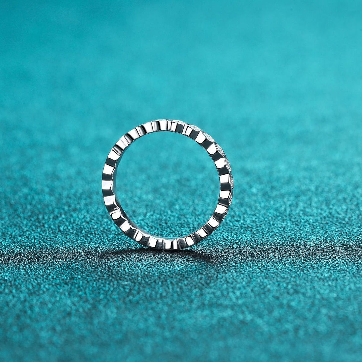 Round Moissanite Pave Stackable Band Ring product view showing moissanite setting and metal finish