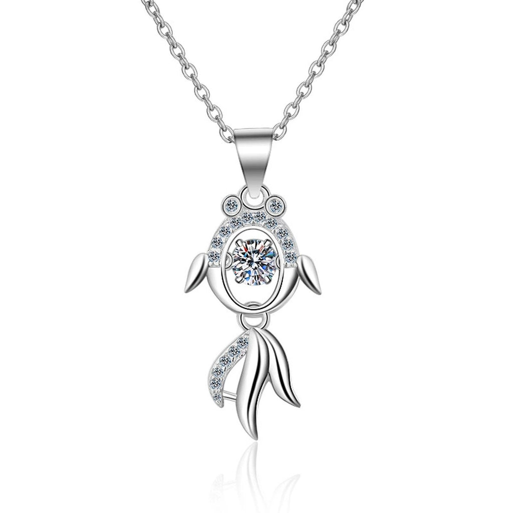 Fish Moissanite Pendant Necklace with CZ in Rhodium-Plated S925 sterling silver on white background showing pendant shape and round moissanite