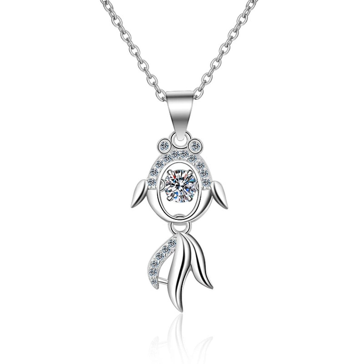 Fish Moissanite Pendant Necklace with CZ in Rhodium-Plated S925 sterling silver on white background showing pendant shape and round moissanite