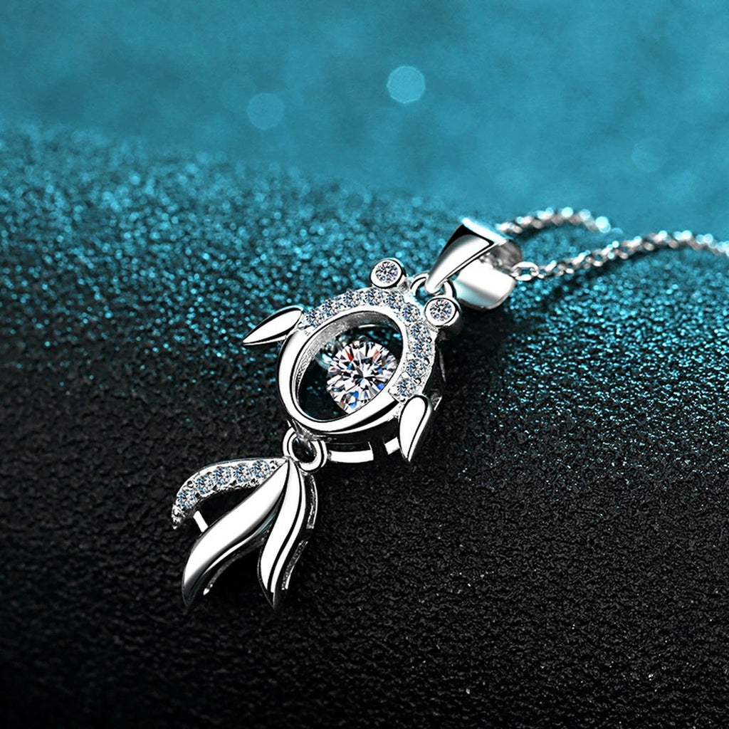 Fish Moissanite Pendant Necklace with CZ in Rhodium-Plated S925 sterling silver product scene view showing chain and setting detail