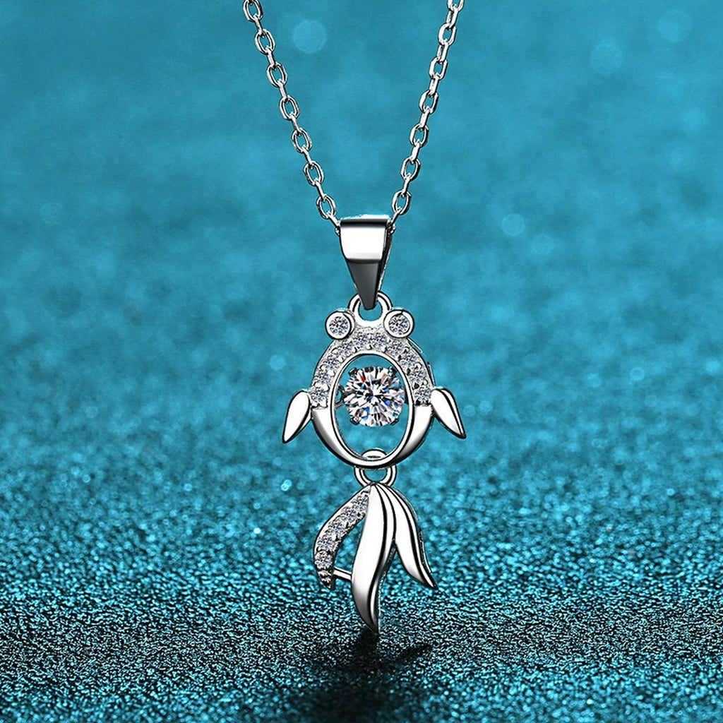 Fish Moissanite Pendant Necklace with CZ in Rhodium-Plated S925 sterling silver product scene view showing angled sparkle