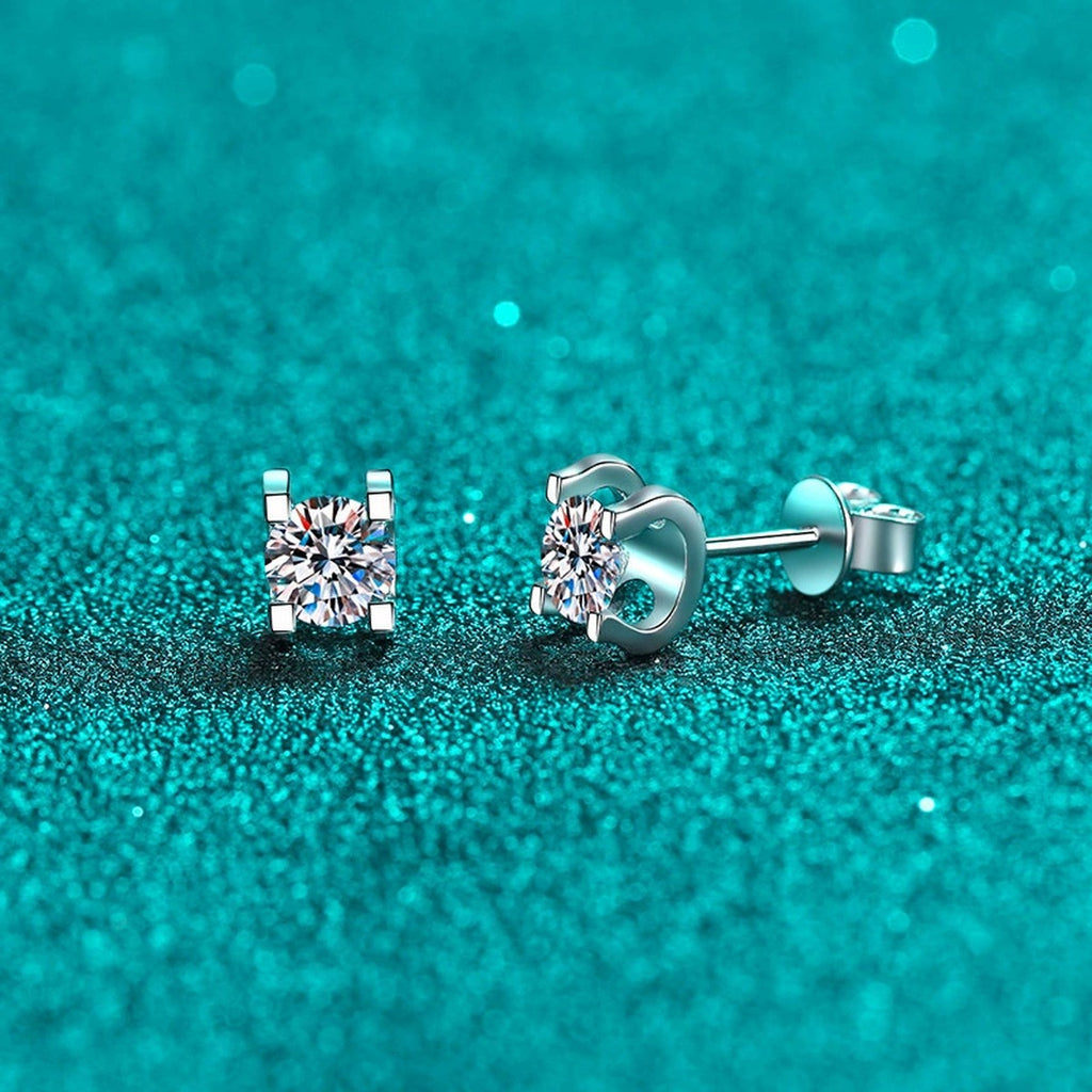 Round Moissanite Stud Earrings in Rhodium-Plated S925 sterling silver product scene view showing front sparkle