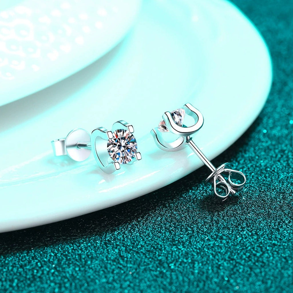Round Moissanite Stud Earrings in Rhodium-Plated S925 sterling silver product scene view showing side profile