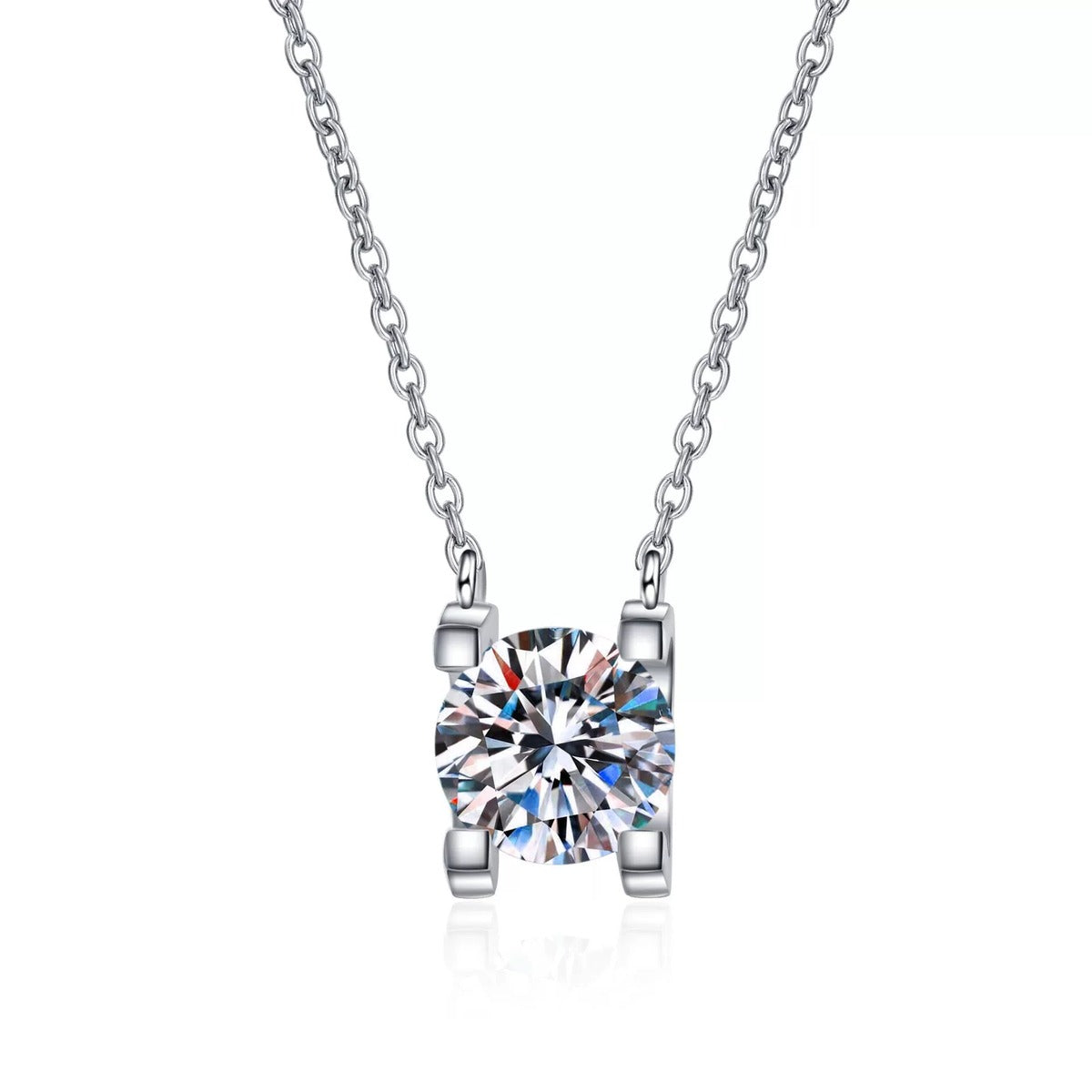 Solitaire Moissanite Pendant Necklace in Rhodium and Rose Gold-Plated S925 sterling silver on white background showing pendant shape and round moissanite