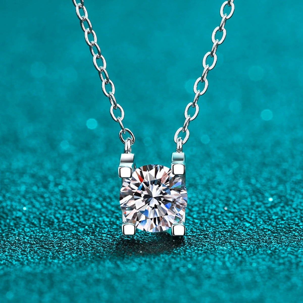Solitaire Moissanite Pendant Necklace in Rhodium and Rose Gold-Plated S925 sterling silver product scene view showing pendant detail