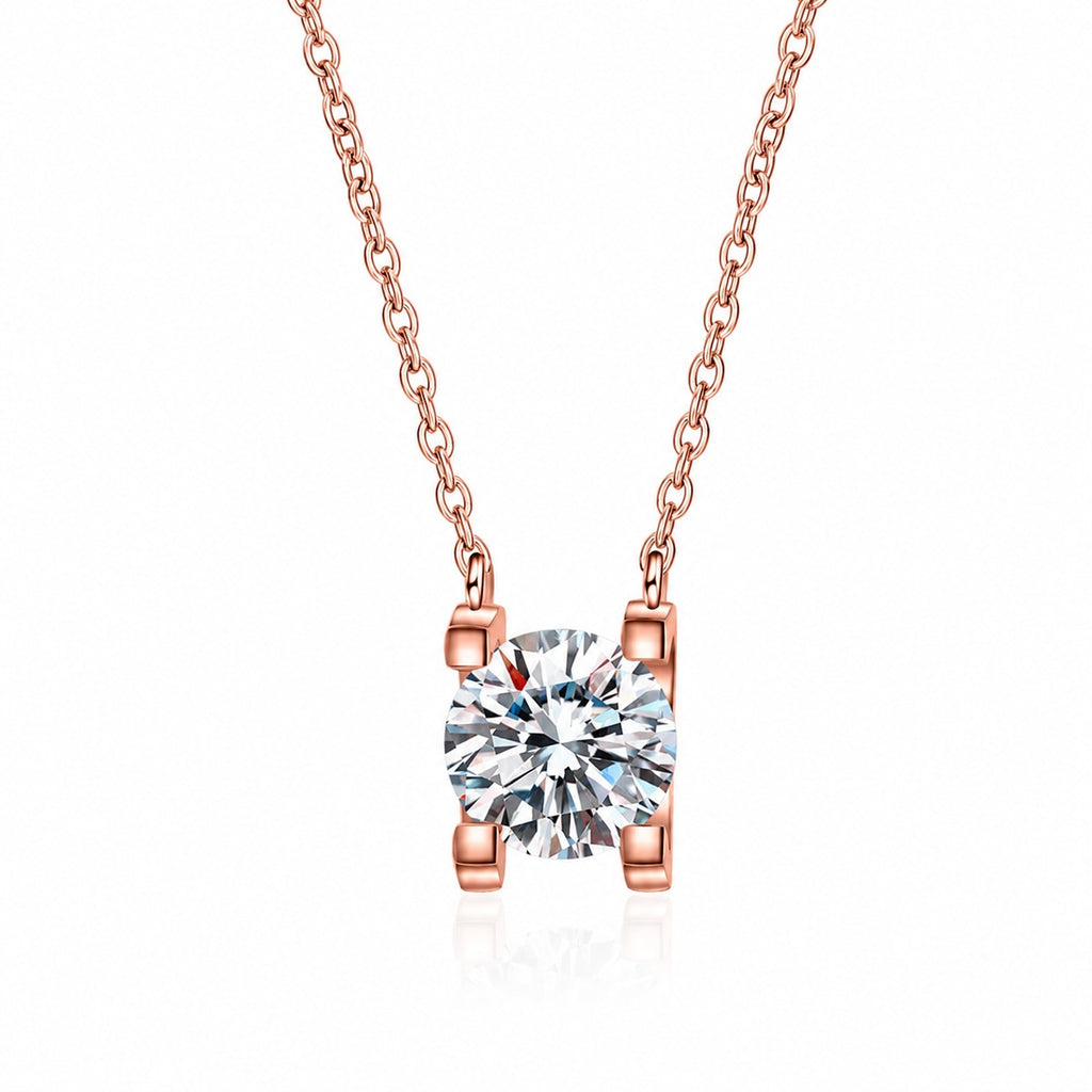 Solitaire Moissanite Pendant Necklace in Rhodium and Rose Gold-Plated S925 sterling silver product scene view showing close-up styling