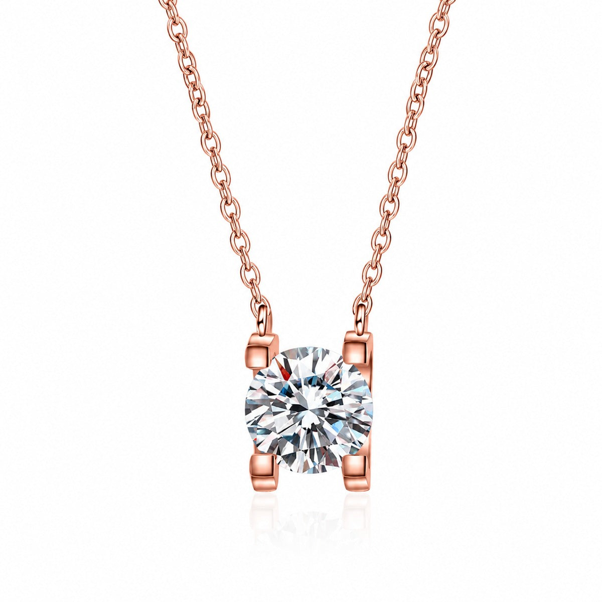Solitaire Moissanite Pendant Necklace in Rhodium and Rose Gold-Plated S925 sterling silver product scene view showing close-up styling