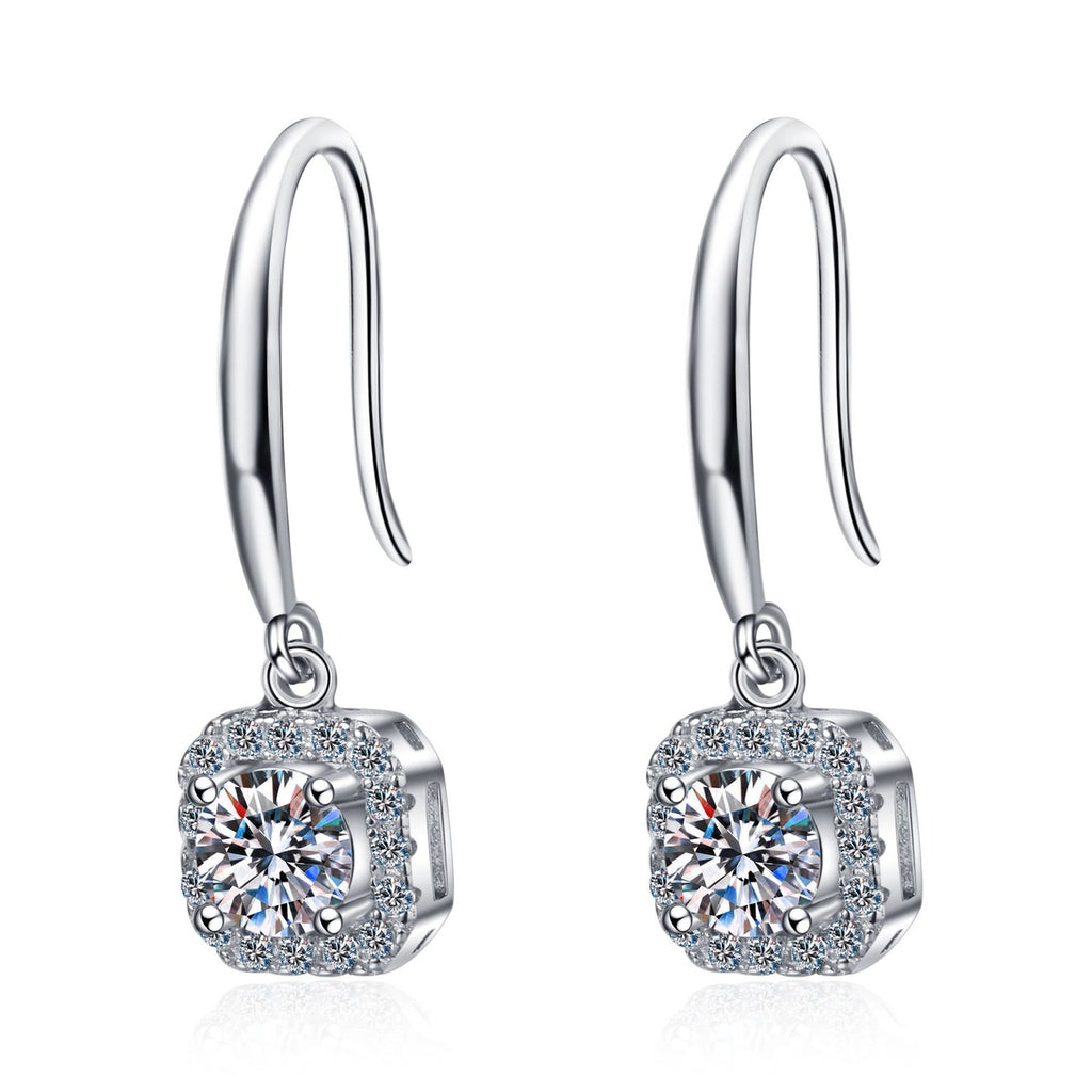 Round Halo Moissanite Hook Dangle Earrings with CZ in Rhodium-Plated S925 sterling silver white background product photo showing the pair, stone shape, and hook dangle earrings silhouette