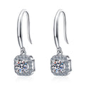 Round Halo Moissanite Hook Dangle Earrings with CZ in Rhodium-Plated S925 sterling silver white background product photo showing the pair, stone shape, and hook dangle earrings silhouette