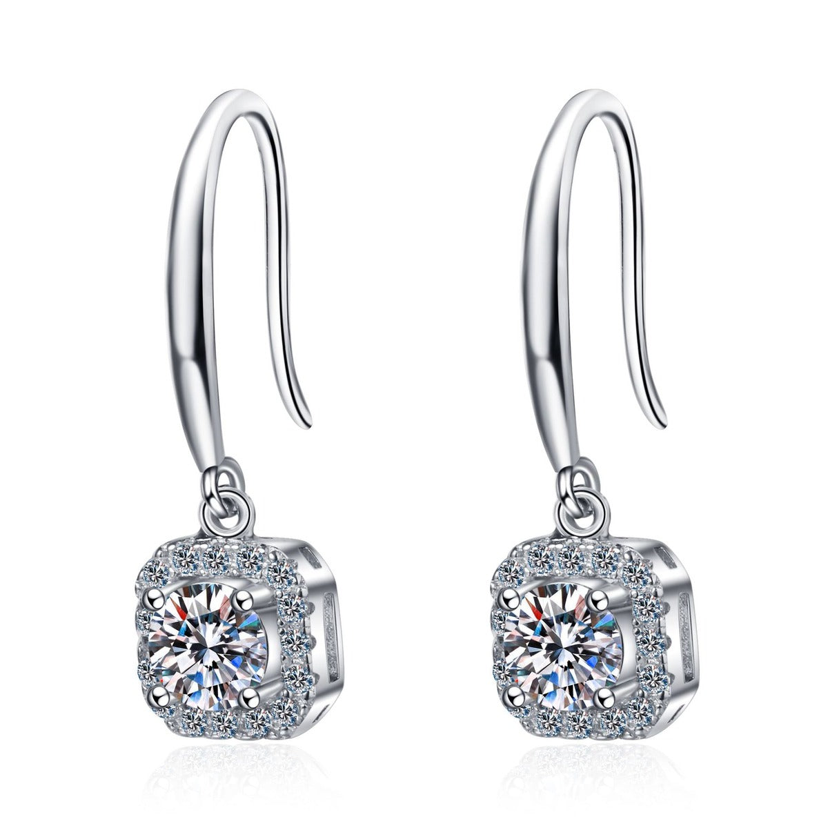 Round Halo Moissanite Hook Dangle Earrings with CZ in Rhodium-Plated S925 sterling silver white background product photo showing the pair, stone shape, and hook dangle earrings silhouette