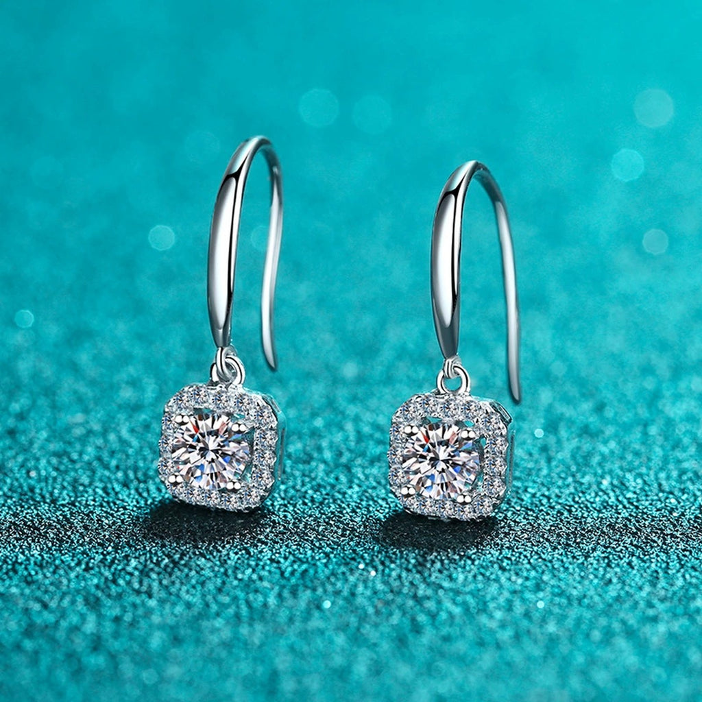 Round Halo Moissanite Hook Dangle Earrings with CZ in Rhodium-Plated S925 sterling silver product scene view showing front sparkle