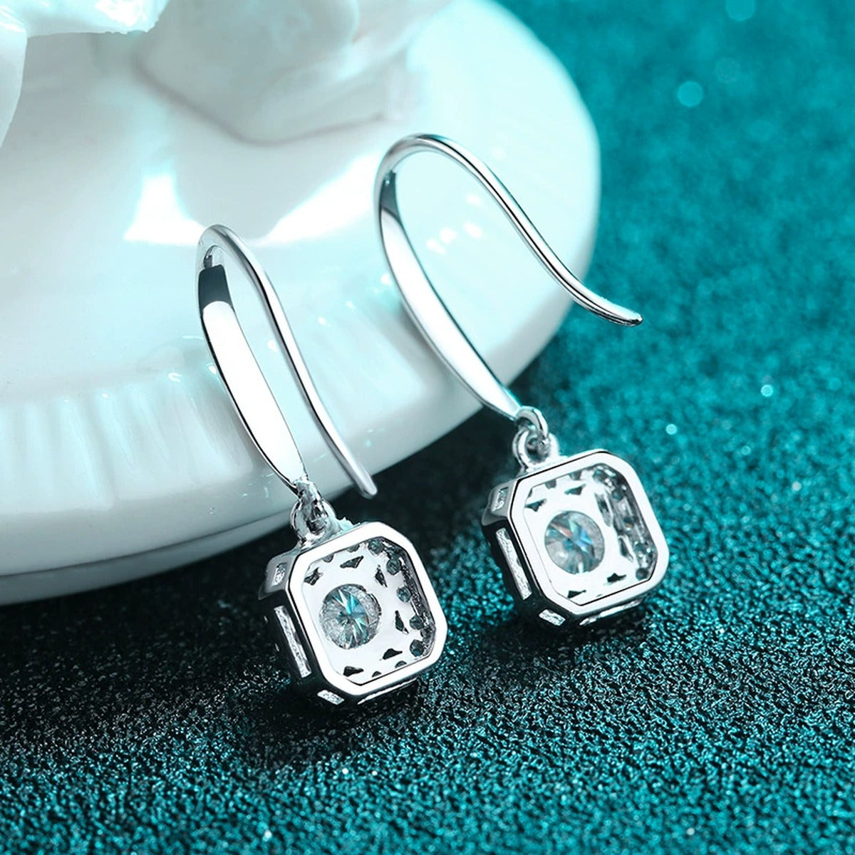 Round Halo Moissanite Hook Dangle Earrings with CZ in Rhodium-Plated S925 sterling silver product scene view showing side profile